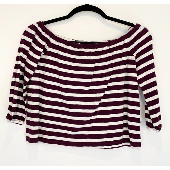 J. Crew Factory Striped Boatneck Half Sleeve Cropped Shirt Purple/White Size M - Picture 1 of 6